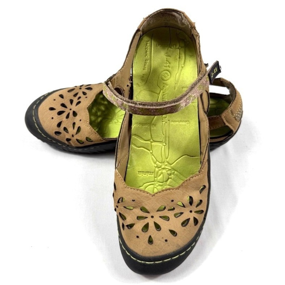 J-41 Kelly Tan Vegan Floral Laser Cut Mary Jane Flat Shoes Womens 8.5M KJ14KLY33
